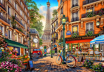 Paris Afternoon, artwork, bicycles, digital, eiffel tower, street, flowers, houses, people HD wallpaper