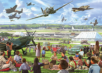 The Airshow, retro, painting, art, pictura, airplane, airshow, people, vintage HD wallpaper