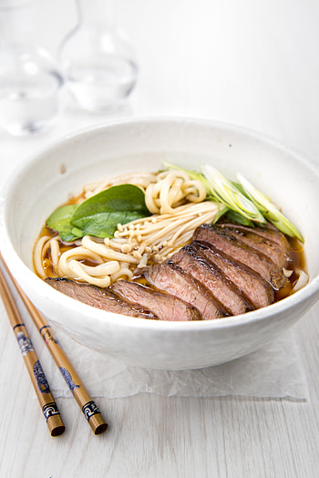 Teriyaki steak, Enoki mushrooms, Nutritious spinach, Udon noodles HD phone wallpaper