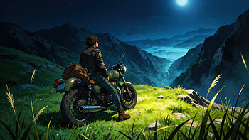 Bike Boy Iun Mountain Valley, bike, boy, alone, moon, mountains, mountain, artist, artwork, art, digital-art, ai HD wallpaper