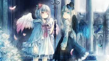 Angels, wings, feathers, roses, blonde, ribbon, cute, dress, onineko, ornament, girls HD wallpaper