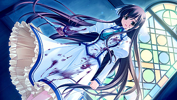 Michiru, brown eyes, game cg, girl, long hair, dress, anime girl, midori no umi, anime, weapon, brown hair, knife, blood HD wallpaper