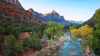 Sunrise At The Watchman - Zion National Park, Utah, creek, trees, sky, rocks, mountains, usa, stones HD wallpaper