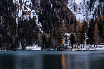 Nature, Mountains, Snow, Forest, Small House, Lodge HD wallpaper