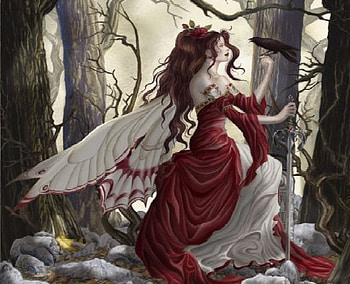 Red fairy and her crow, fairy, red fairy, girl and crow HD wallpaper