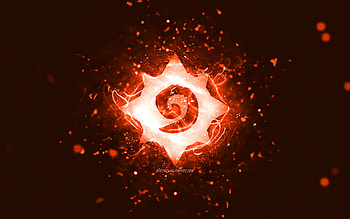 Hearthstone orange logo, , orange neon lights, creative, orange abstract background, Hearthstone logo, online games, Hearthstone HD wallpaper