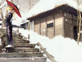 Snowing, umbrella, white, blonde, snow, japan, girl, traditional HD wallpaper