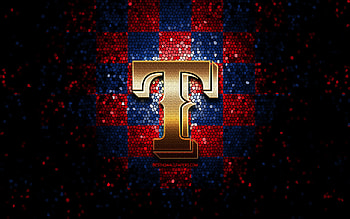 Texas Rangers emblem, glitter logo, MLB, red blue checkered background, american baseball team, Major League Baseball, mosaic art, baseball, Texas Rangers HD wallpaper