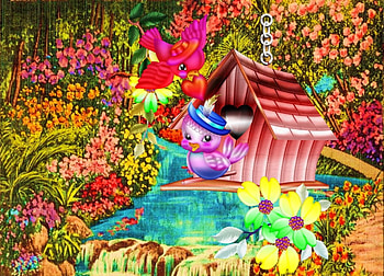 Overlay on flower garden, pink, birds, orange, yellow, red, garden HD wallpaper