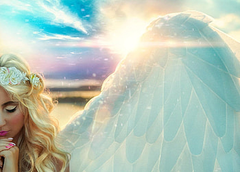 Earth Angel, wings, clouds, sky, angel, girl, stars, praying, beauty HD wallpaper