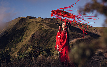 :), girl, asian, red, wind, parasol, woman HD wallpaper