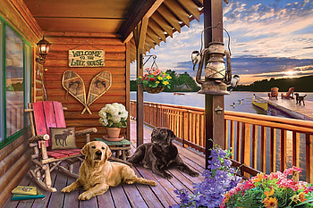 Welcome to the Lake House, chairs, boat, dogs, pier, flowers, veranda, cabin HD wallpaper
