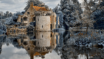 Scotney Castle (Lamberhurst, UK), winter, reflection, trees, nature, castle, lake HD wallpaper
