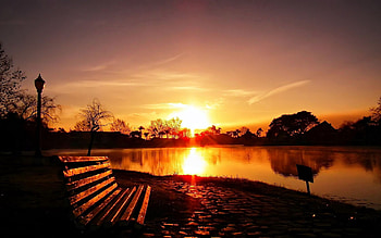 Landscape, Cities, Sunset, City, Shine, Light, Park, Bench HD wallpaper