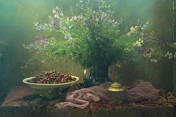Still life, Bouquet, Fabric, Cherry, Pitcher, Pitc HD wallpaper
