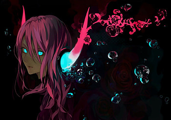 Sweet Devil, blue, black, glow, devil, cute, long hair, beauty, lady, art, blue eyes, horns, girl, beautiful, woman, pink, anime, pretty, flowers, lovely, bubbles HD wallpaper