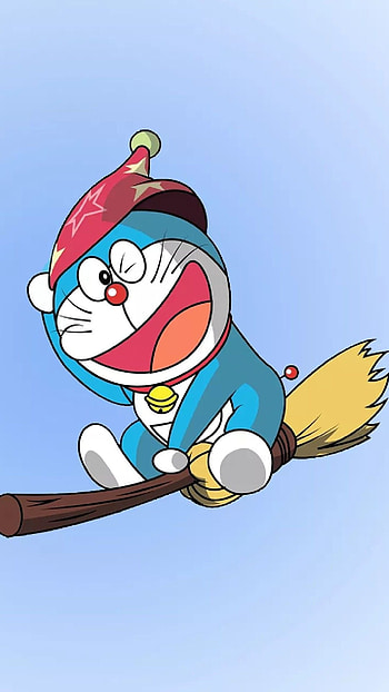 Cute Doraemon, Flying On Broom, flying, on broom HD phone wallpaper