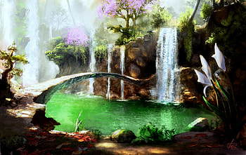 ..Green Lagoon in Spring.., colors, digital art, spring, scenery, bright, drawings, architecture, attractions in dreams, waterfalls, paintings, lagoon, seasons, creative pre-made, love four seasons, landscapes, green, nature, bridges, flowers HD wallpaper