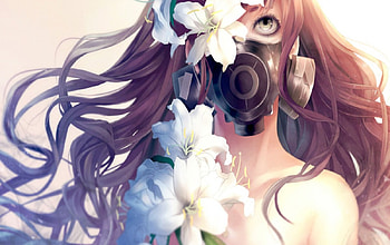 Emaema, sexy, mask, hot, long hair, anime girl, flower, cool, brown hair, female HD wallpaper