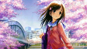 Tree, Anime, Original, Bridge, Cute, Flower, Scenic, School Uniform, Uniform HD wallpaper