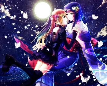 Moon Maiden, night, japanese clothes, seitsuji, 2 girls, nice, scenery, wing, petals, short hair, holding hands, akai ito, cloud, female, sexy, sweet, obi, hot, girl, yumei, star, anime girl, anime, fantasy, pretty, hatou kei, blue, kimono, hair ornament, black, night sky, cute, dress, long hair, beauty, moon, moonlight, abstract, butterfly, twintails, thighhighs, scenic, wide sleeves, wings, scene, beautiful, yuri, space, girls, sky HD wallpaper