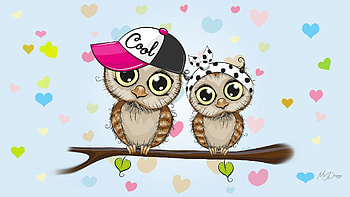 Cool Owls, owls, birds, love, couple, hearts, cool, Firefox Persona theme HD wallpaper