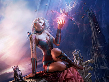 Cats And Butterflies, Abstract, Butterlies, Art, Woman, Fantasy HD wallpaper