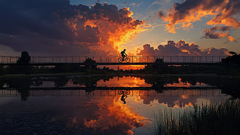 Cyclist Boy Through The Clouds And Silence, cycle, boy, clouds, bridge, cloud, sunset, water, artist, artwork, art, digital-art, ai HD wallpaper