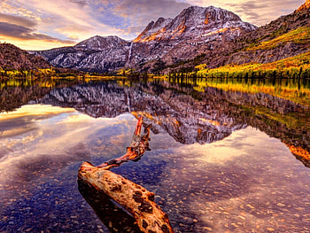mountains reflection, clouds, mountains, wood, water HD wallpaper