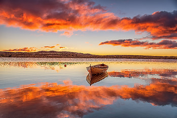 Sunset Landscape — Boat on Mirror Lake, landscape, sunset HD wallpaper