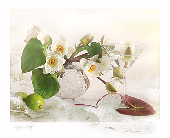 still life, gentle, graphy, floral, aroma, taste, beauty, lemon, glass, , water, flower bouquet, white, vase, beautiful, arrangement, leaves, nature, flowers, harmony HD wallpaper