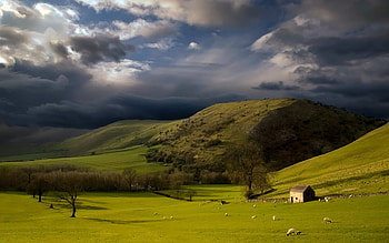 Height, Mountains, Slopes, Pasture, Cloudy, Sky, Storm, Clouds, Sheep, Bad weather, Green HD wallpaper