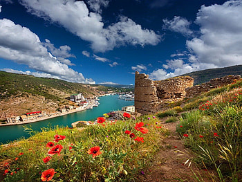 The ruins of Genoese fortress, river, ancient, nice, poppies, ruins, castle, shjore, beautiful, grass, Genoese, rocks, stones, summer, field, view, clouds, sky, fortress, lovely HD wallpaper