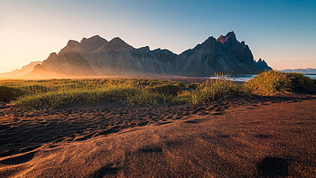 The Vestrahorn Mountain in the southeast of Iceland, sea, plants, peaks, landscape, sky HD wallpaper