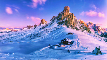 Winter in the Dolomites, Italy, peaks, snow, clouds, landscape, sky, mountains, rocks, sunset, cabin HD wallpaper