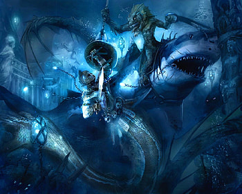 War Under Water, merman, sword, city, fishman, shark HD wallpaper