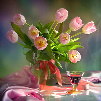 Still Life, pink, ribbon, vase, glass, flowers, tulips, wine HD wallpaper