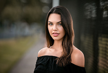 Brunette, bare shoulder, black clothing HD wallpaper