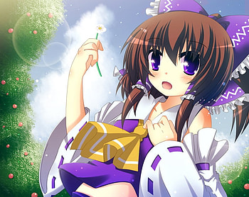 Hakurei Reimu, trees, touhou, cute, flowers, purple eyes HD wallpaper
