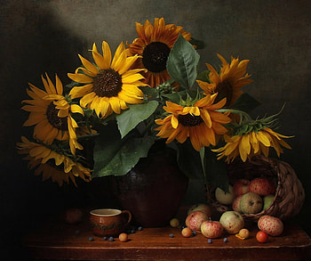 ✻✻, still life, apples, cup, sunflowers HD wallpaper