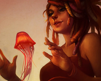 evening glow, jellyfish, hands, girl, orange HD wallpaper