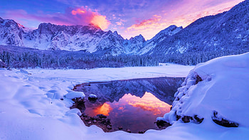 Fusine Lake, Julian Alps, Italy, sunset, snow, winter, landscape, clouds, sky, mountains HD wallpaper