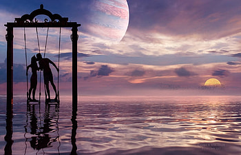 ❤﻿ , sea, couplt, sunrise, moon, love, clouds, sky, sun, water HD wallpaper
