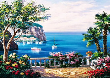 Costa del Sol, sea, artwork, painting, boats, fence, flowers HD wallpaper