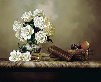 The Classics, books, classics, table, white, roses, fruit HD wallpaper