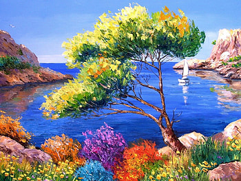 art paint, nature, color, lake, tree HD wallpaper
