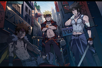 Konoha's Shinobi, kiba inazuka, headband, bat, bandages, shinobi, blonde hair, wristbands, trio, naruto shippuden, baseball bat, blue eyes, jacket, anime, kiba, katana, sasuke, uzumaki naruto, necklace, red eyes, jeans, buildings, goggles, belts, uchiha sasuke, naruto uzumaki, male, inazuka kiba, weapons, signs, swords, naruto, cool, sasuke uchiha, spiky hair HD wallpaper