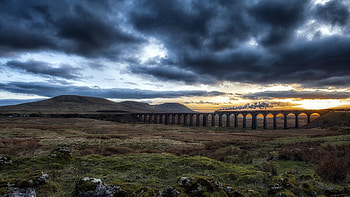 fantastic railroad bridge across the plain, depression, plains, clouds, bridge, train HD wallpaper