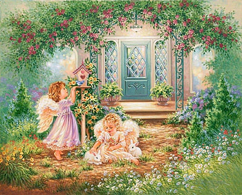 Angels in the Garden, girls, plants, rabbits, angels HD wallpaper