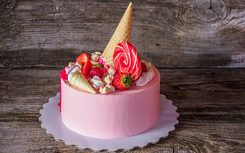 Cake, sweet, strawberry, dessert, food, lollipop, candy, pink, fruit HD wallpaper